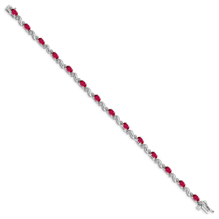 Rhodium Over 10k White Gold Diamond and Ruby Bracelet
