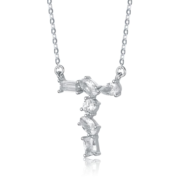 Initial T Mixed Cut CZ Pendant Necklace In Sterling Silver 18 Inch