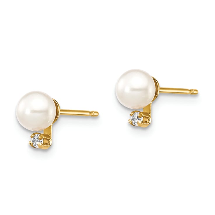 14K Yellow Gold 4-5mm White Round Freshwater Cultured Pearls and Cubic
Zirconia Stud Earrings