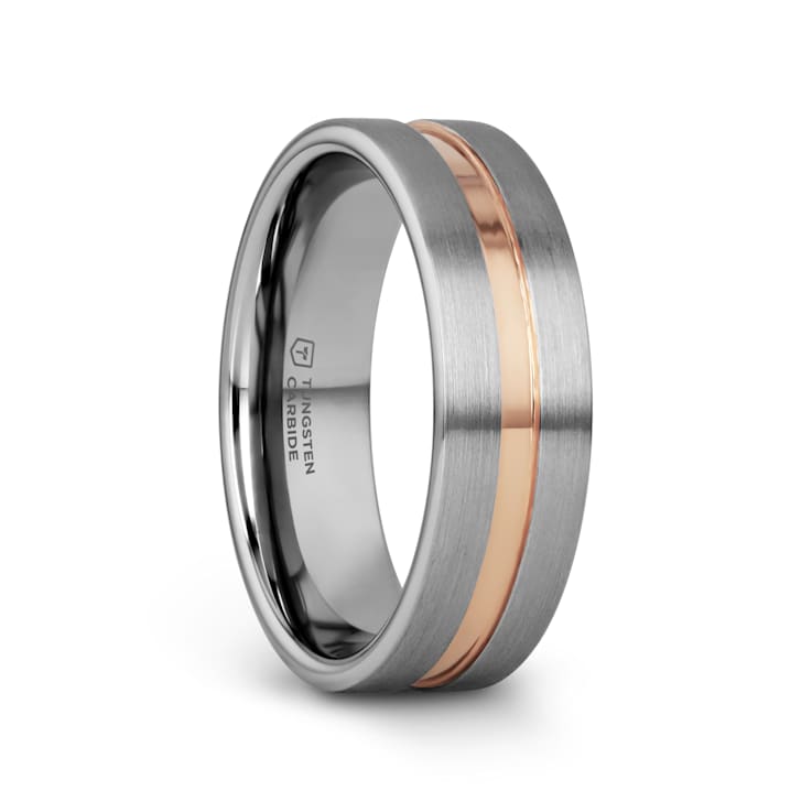 ZEUS Flat Brushed Finish Tungsten Carbide Ring with Rose Gold Plated
Groove- 6mm