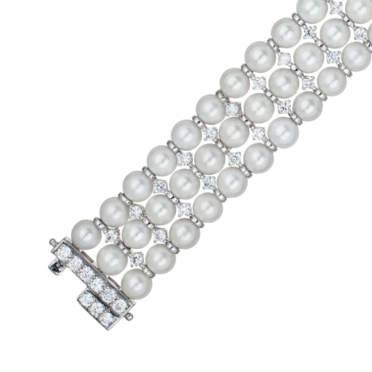 Triple-Strand Pearl And CZ Bracelet In Sterling Silver