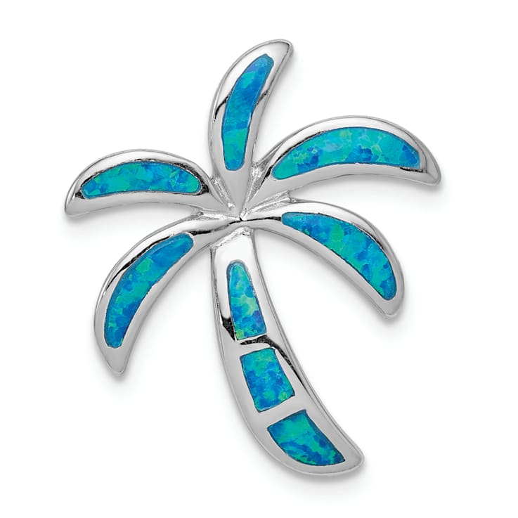 Rhodium Over Sterling Silver Lab Created Blue Opal Palm Tree Slide