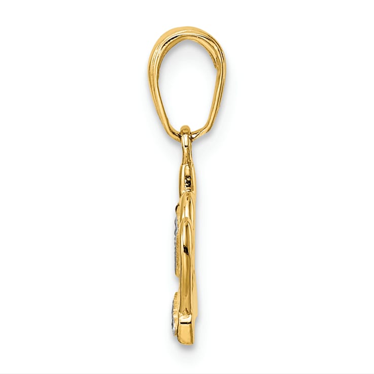 14K Yellow Gold with White Rhodium Diamond-Cut Heart Crown Pendant