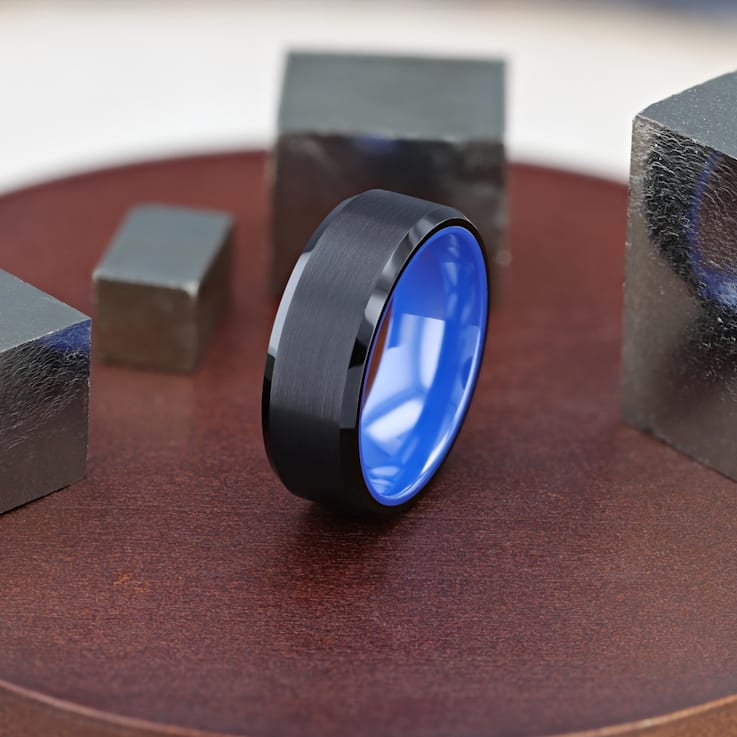 RIGEL Flat Beveled Edges Black Tungsten Ring with Brushed Center and
Vibrant Blue Ceramic Inside 8mm