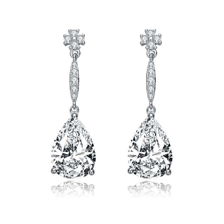 Pear Shape CZ Halo Drop Earrings In Sterling Silver