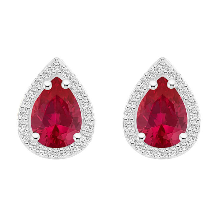 7x5mm Pear Shape Created Ruby And Created White Sapphire 10k White Gold
Halo Stud Earrings