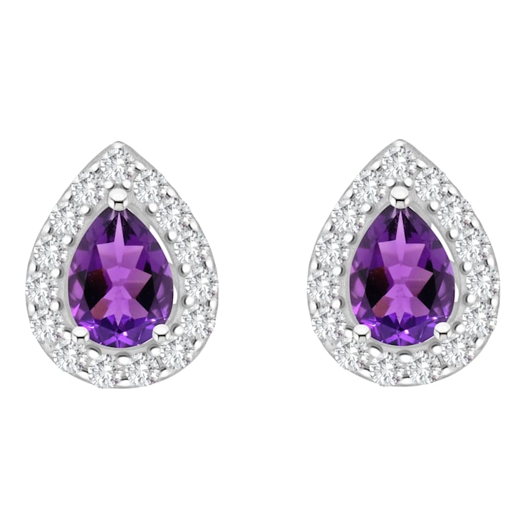 8x5mm Pear Shape Amethyst And White Topaz Accent Rhodium Over Sterling
Silver Halo Stud Earrings
