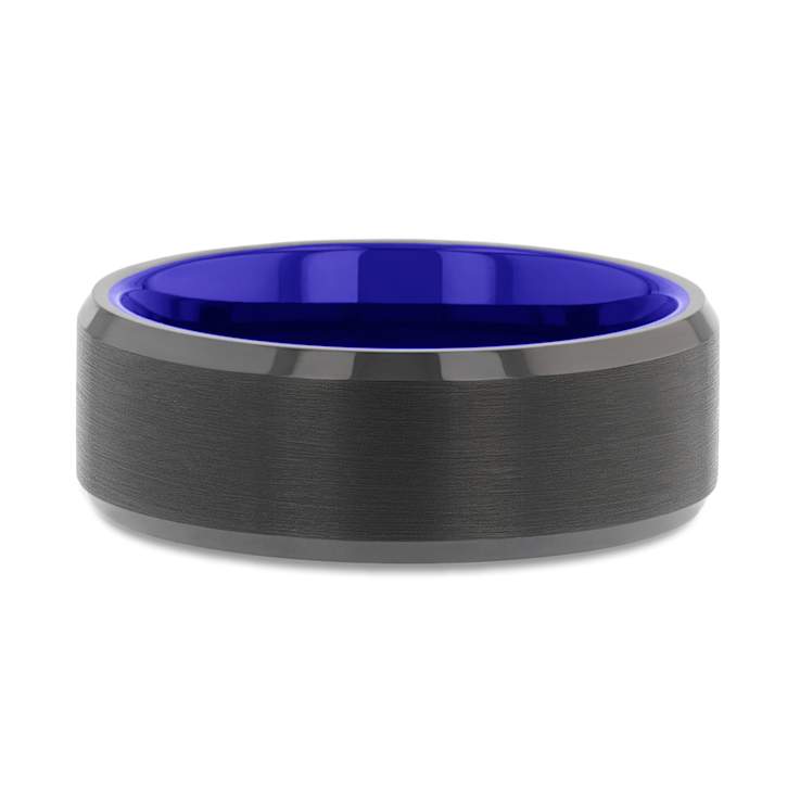 RIGEL Flat Beveled Edges Black Tungsten Ring with Brushed Center and
Vibrant Blue Ceramic Inside 8mm