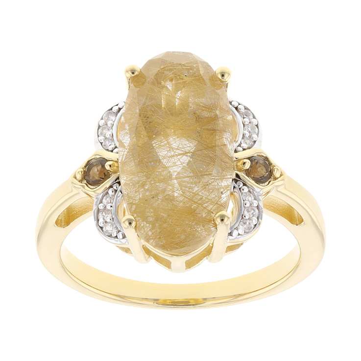 Golden Rutilated Quartz, Smoky Quartz And White Zircon Ring In 18K Gold
Over Sterling Silver 5.20ctw