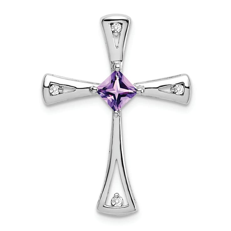 Rhodium Over 10k White Gold 0.29 ctw Amethyst and Accent Diamond Cross Pendant