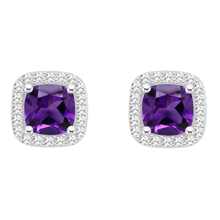 5mm Cushion Amethyst 1/5 ctw Diamond Rhodium Over Sterling Silver Halo
Stud Earrings