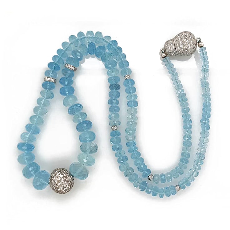 118.00 Ctw Aquamarine and 0.25 Ctw White Diamond Necklace in 18K WG
