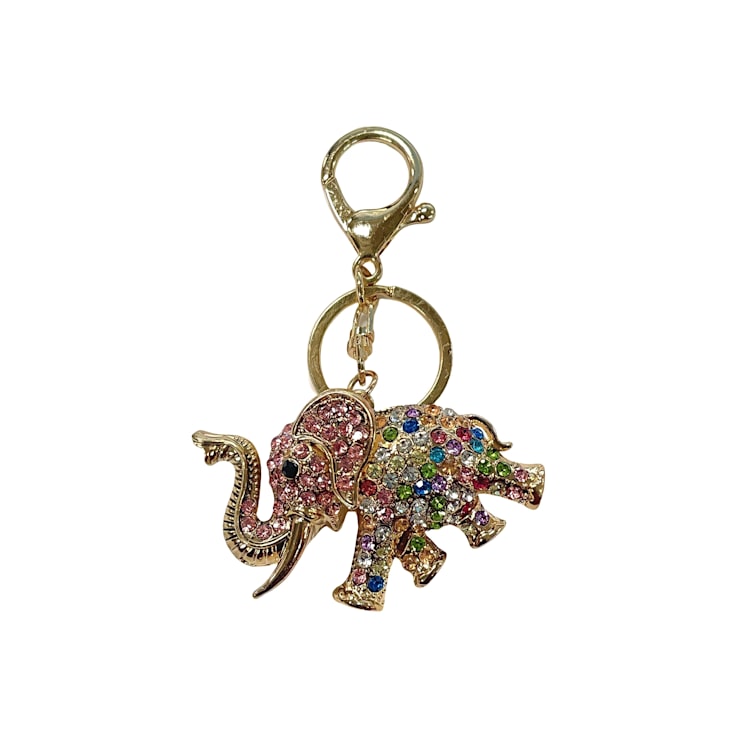 Gold Tone Multi Color Crystal Elephant Keychain