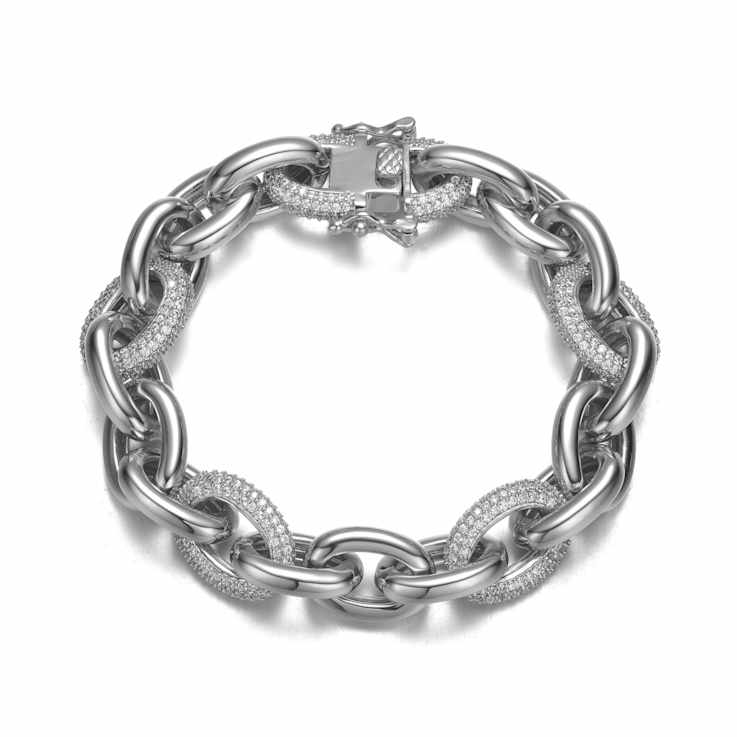 CZ Pave Link Bracelet In White Rhodium Over Brass