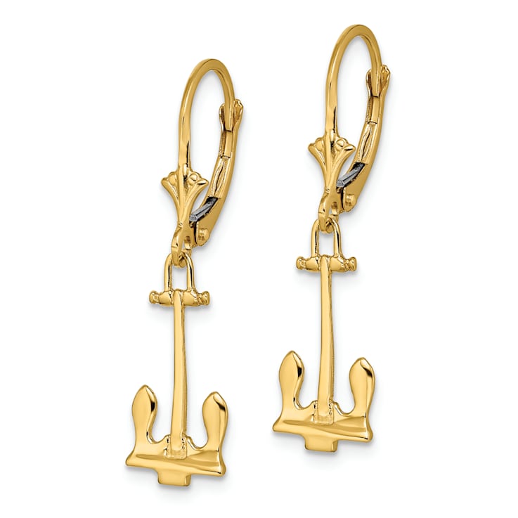 14k Yellow Gold Polished Navy Anchor Earrings