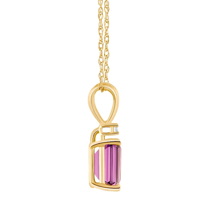 7x5mm Emerald Cut Pink Topaz with Diamond Accent 14k Yellow Gold Pendant
With Chain