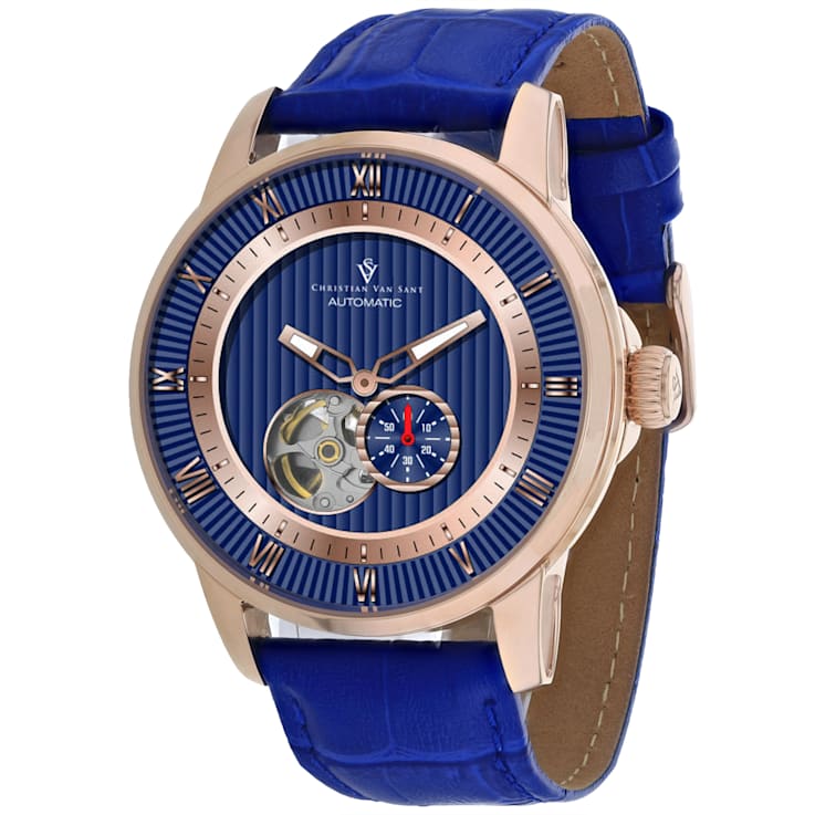 Christian Van Sant Men's Viscay Blue Dial with Rose Accents, Blue
Leather Strap Watch