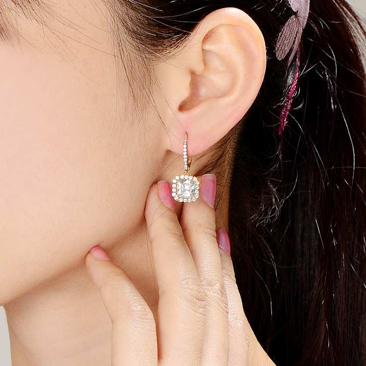 Square CZ Halo Drop Earrings In 14K Gold Over Sterling Silver