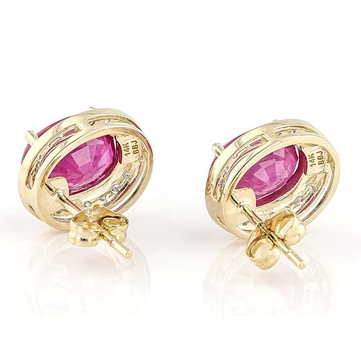 Ruby Oval And White Diamond Stud Earrings In Solid 14K Yellow Gold 3.87ctw