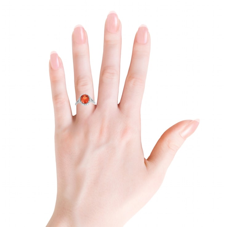 Peach Orange Lab Created Oval Padparadscha Sapphire Halo Ring in Rhodium
Over Sterling Silver