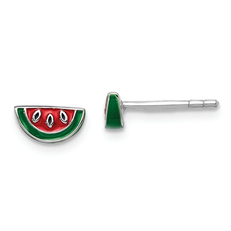 Rhodium Over Sterling Silver  Enamel Watermelon Childs Post Earrings
