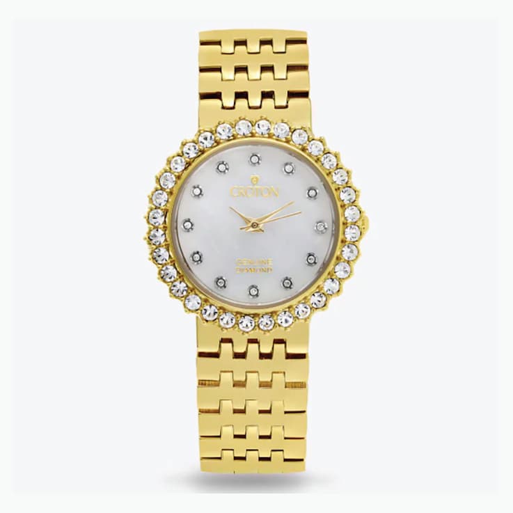 Croton Gold Tone Round Mother Of Pearl Dial Watch with Diamond Markers