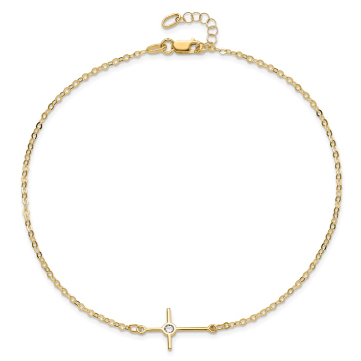 14K Yellow Gold Polished CZ Cross Anklet