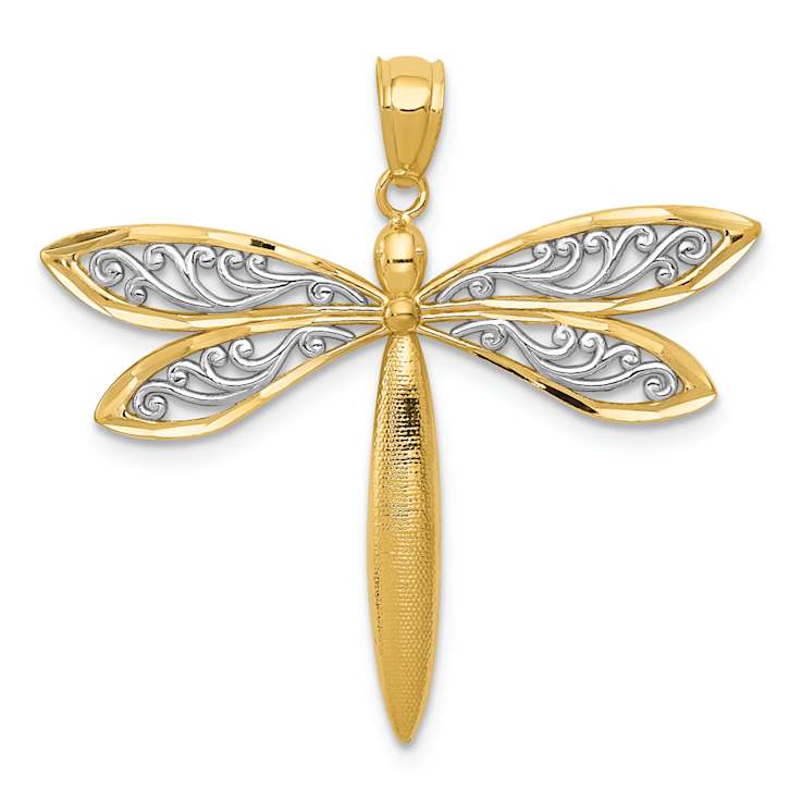 14k Two-tone Gold Textured Dragonfly Pendant