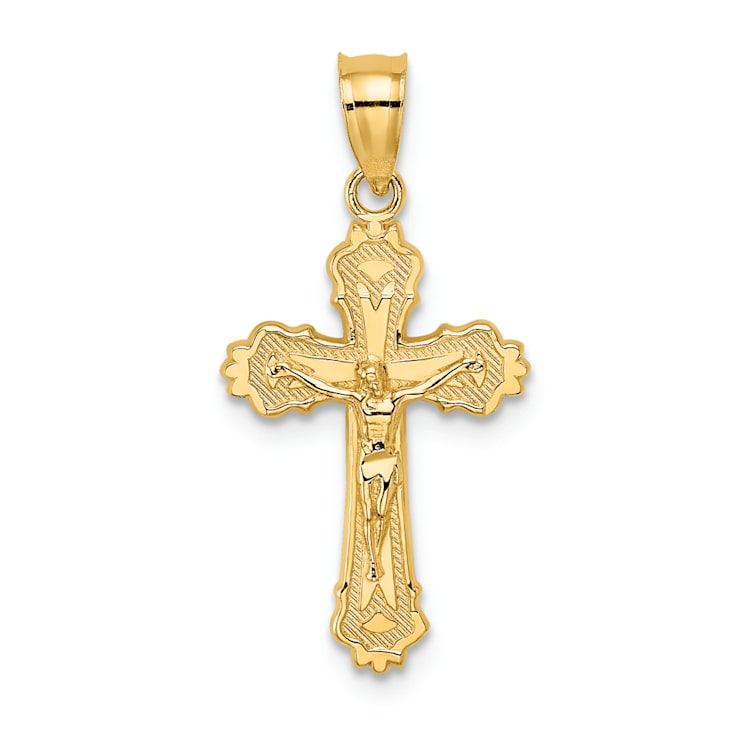 14K Yellow Gold with Textured Scalloped Edge Crucifix Charm