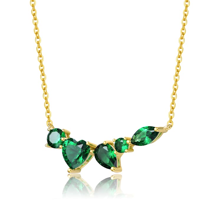 Emerald Color CZ Heart Station Necklace In 14K Gold Over Sterling Silver
