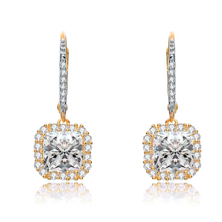 Square CZ Halo Drop Earrings In 14K Gold Over Sterling Silver