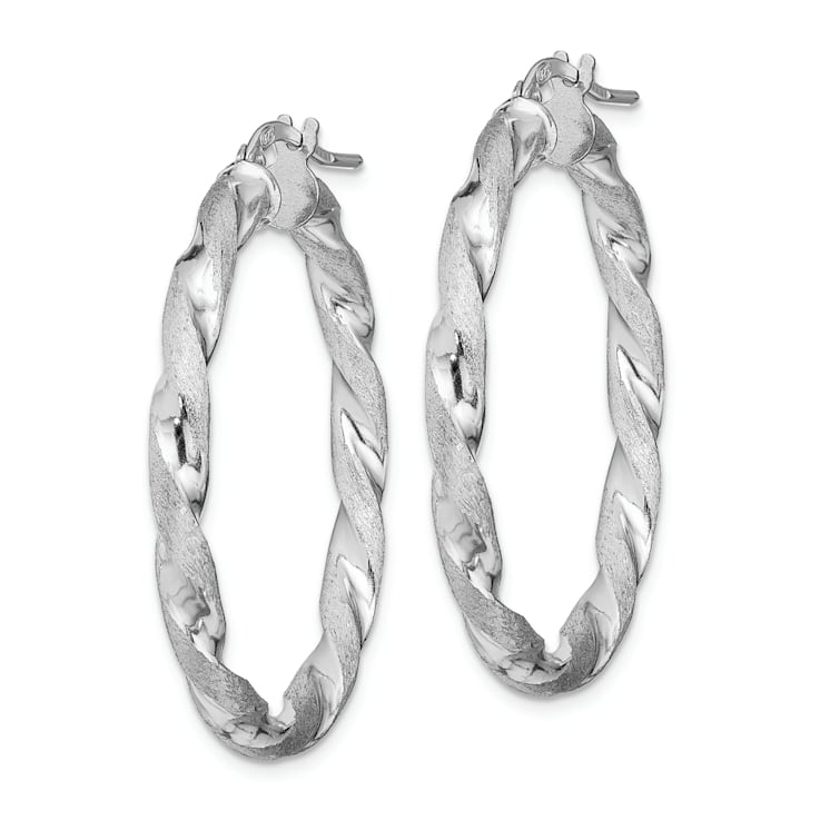 Rhodium Over Sterling Silver Satin Polished Twisted 3x35mm Hoop Earrings
