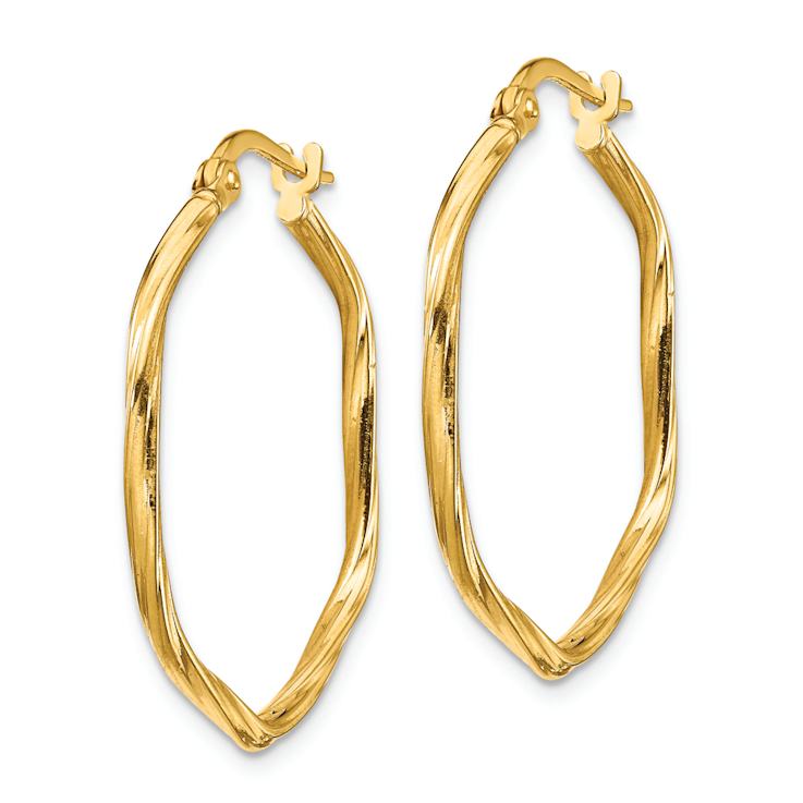 14k Yellow Gold Textured 1 1/8" Twisted Hexagon Hoop Earrings