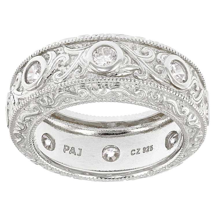 Filigree Design CZ Eternity Band Ring In Sterling Silver