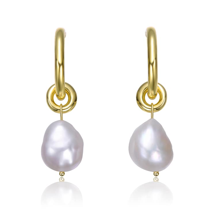 Pear Shape Pearl Simulant Huggie Drop Earrings In 14K Gold Over Brass