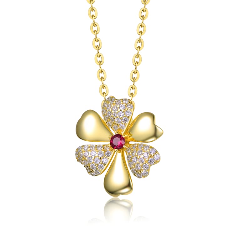 Ruby Color CZ Pave Flower Pendant Necklace In 14K Gold Over Brass