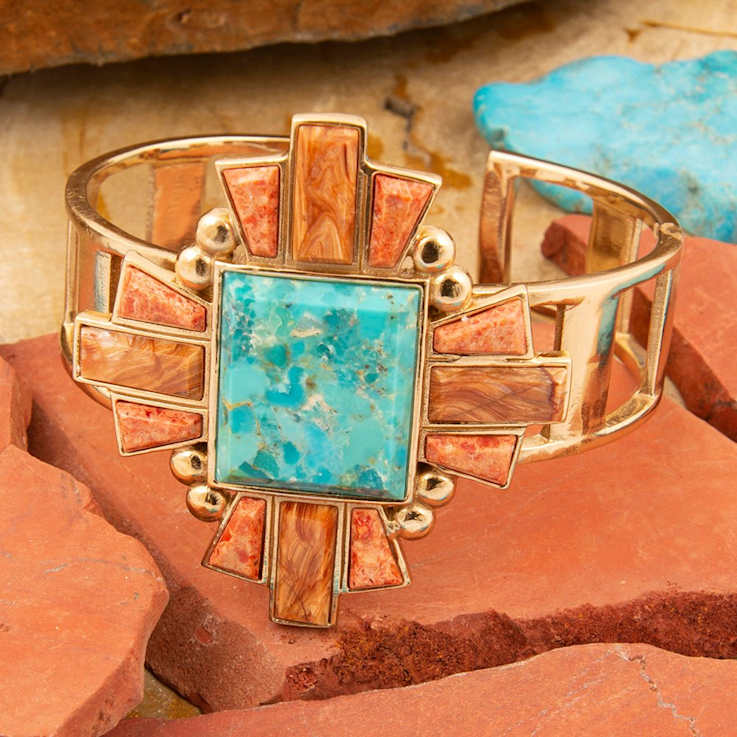 Barse Jewelry Composite Turquoise With Opal & Coral Gold Tone Santa
Fe Cross Cuff Bracelet