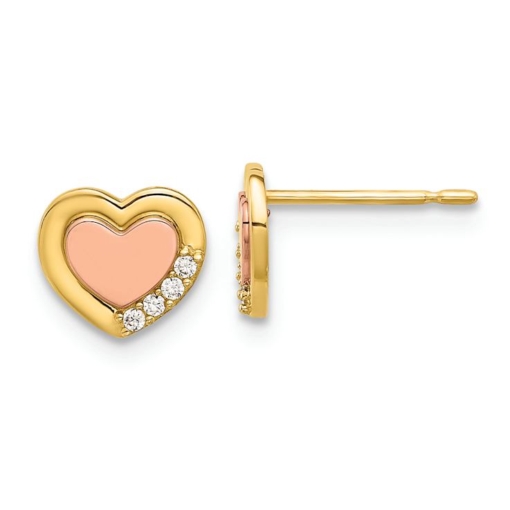 14k Two-tone Gold Children's Polished Cubic Zirconia Heart Stud Earrings