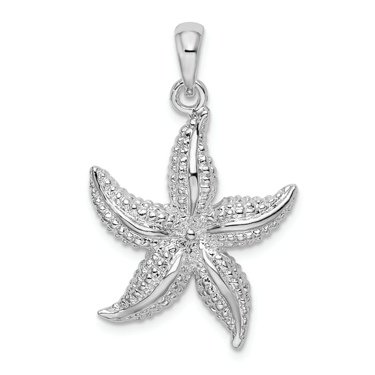 Rhodium Over Sterling Silver Polished and Textured Starfish Pendant