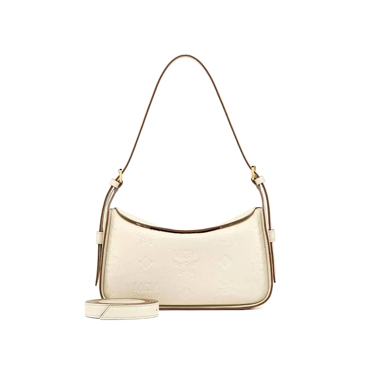 MCM Small Aren E/W Flap Hobo with Embossed Monogram Leather in Oatmeal Handbag