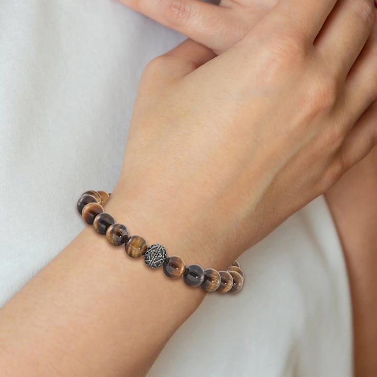 Stainless Steel Antiqued and Polished Tiger's Eye Stretch Bracelet