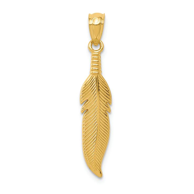 14k Yellow Gold Polished and Textured Feather Pendant