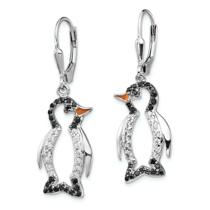Rhodium Over Sterling Silver Enamel Black and White Cubic Zirconia
Penguin Dangle Earrings