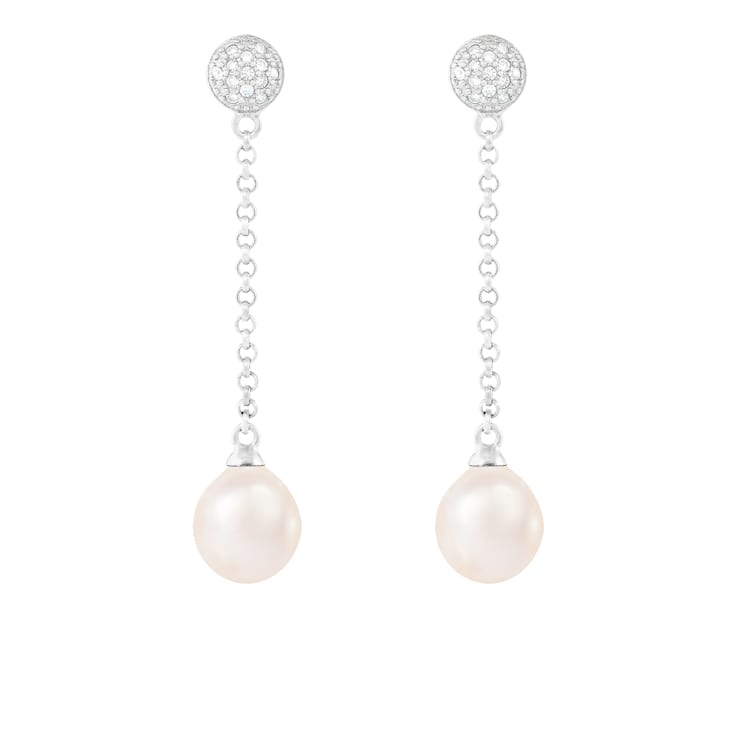 7-7½mm White Cultured Freshwater Pearl and Cubic Zirconia Rhodium Over
Sterling Silver Earrings