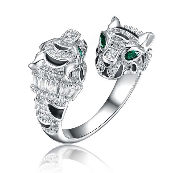 Emerald Color CZ Panther Bypass Ring In White Rhodium Over Brass