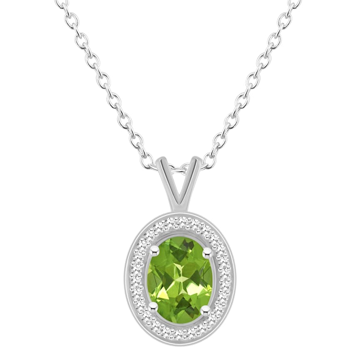 8x6mm Oval Peridot 1/8 ctw Diamond Rhodium Over Sterling Silver Halo
Pendant with Chain