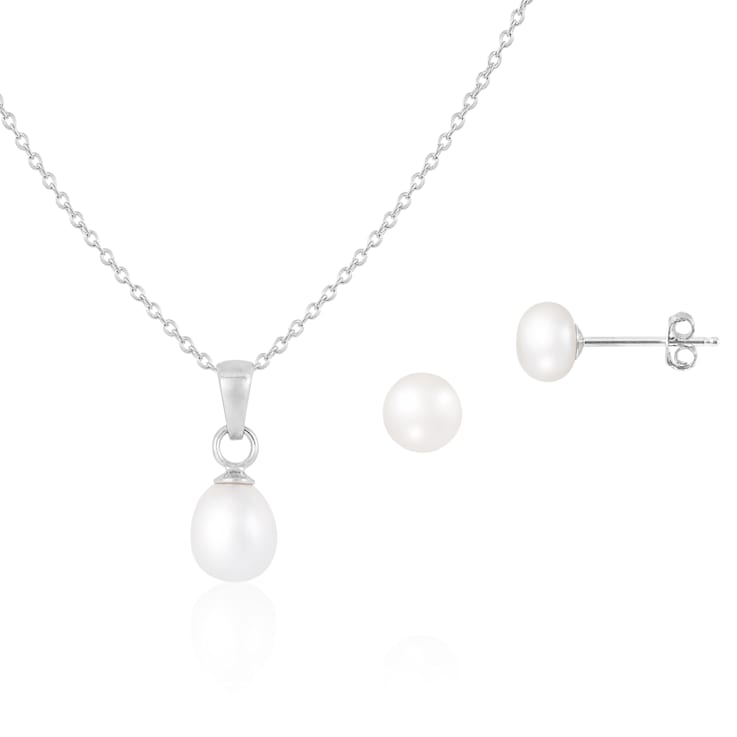 6.5-7mm Button/Drop White Freshwater Pearl Rhodium Over Sterling Earring
and Pendant W/Chain Set