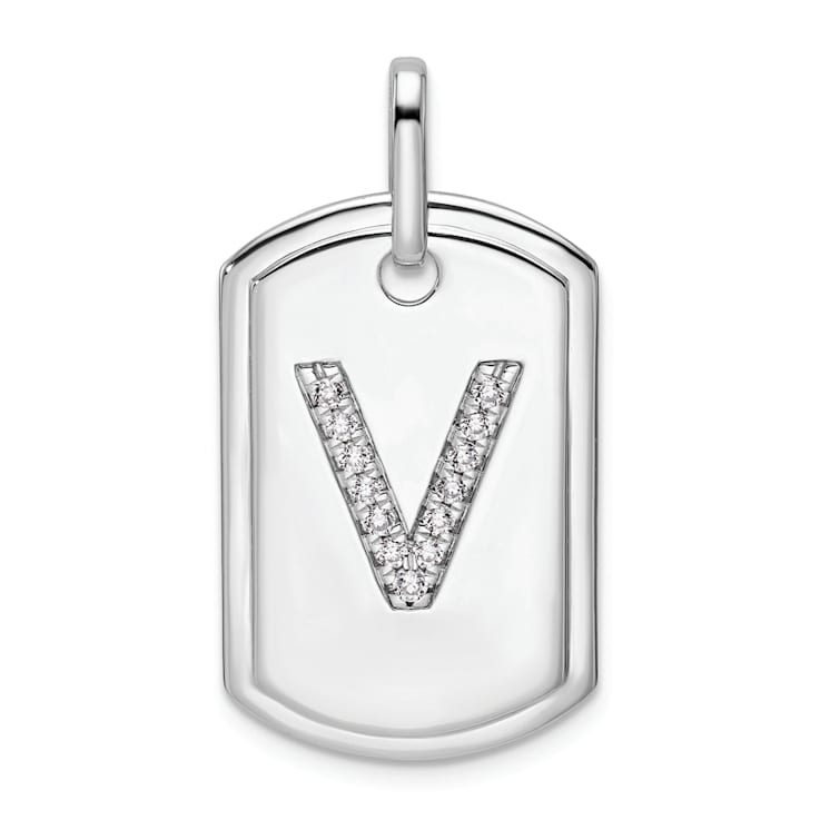 Rhodium Over 14k White Gold Diamond Initial V Dog Tag Charm