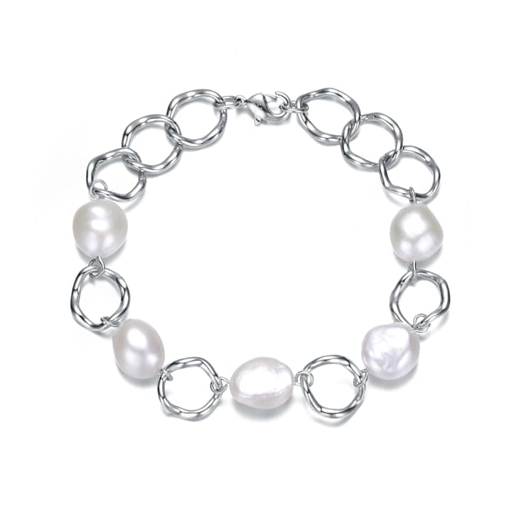 Freshwater Pearl And CZ Station Link Bracelet In Sterling Silver