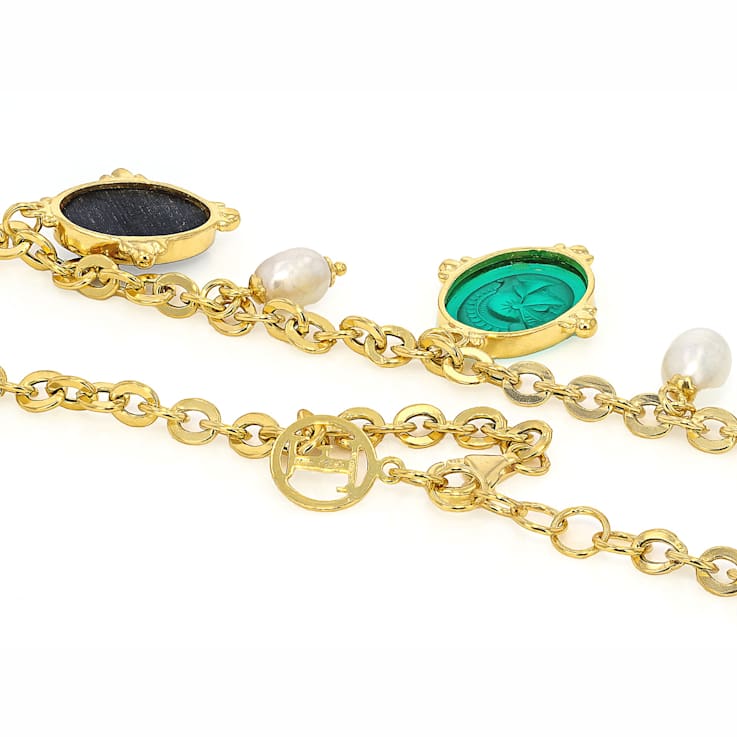 Venetian Glass Cameo And Pearl Charm Necklace In 18K Gold Over Sterling Silver